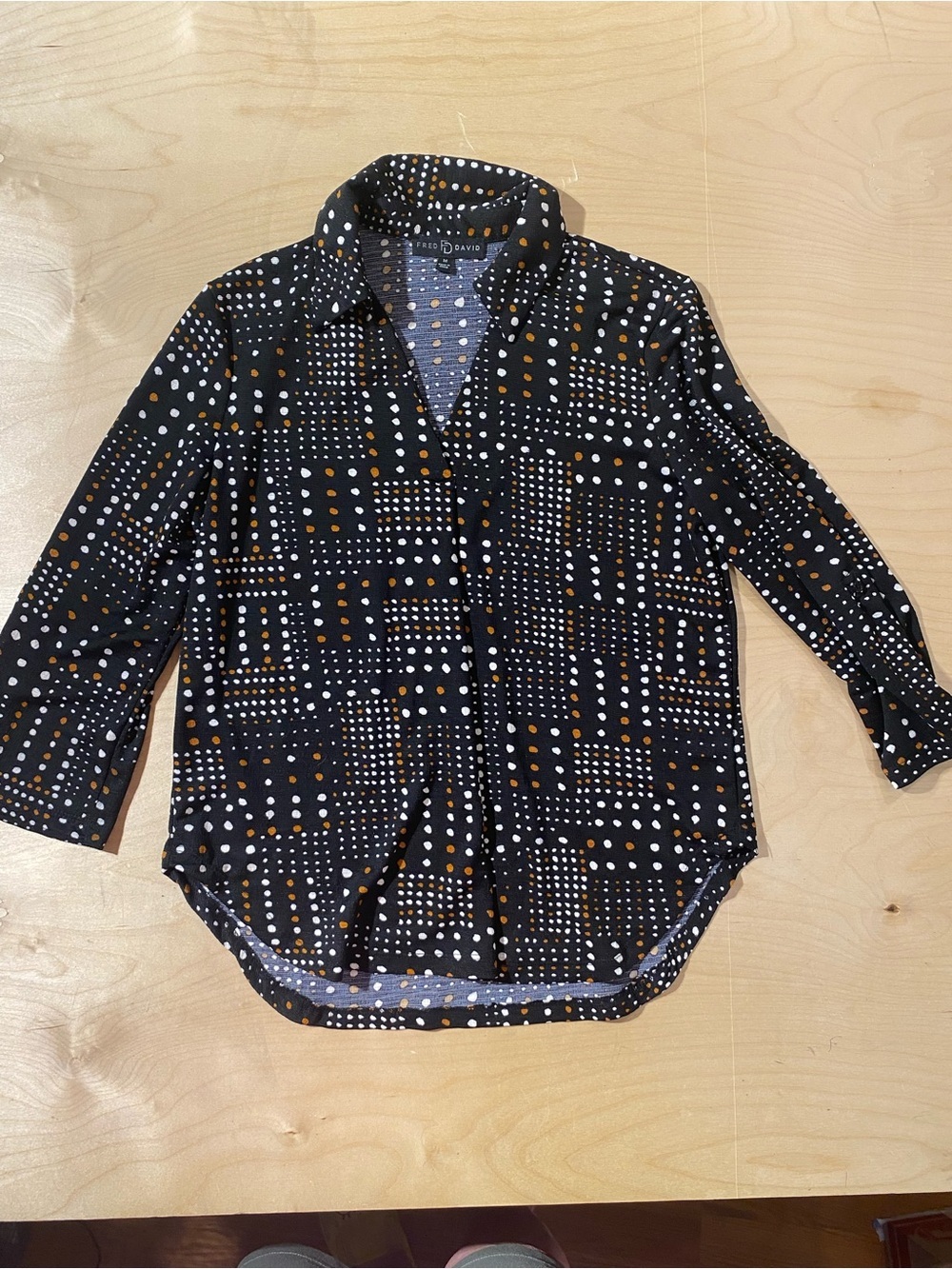 Fred David Black Shirt with White and Brown Dot Pattern Medium (SB)